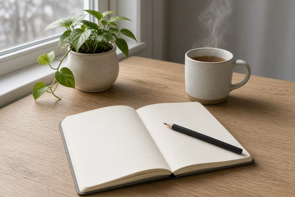 A wooden desk with an open notebook, a mug of tea and a small potted plant beside a window on a gray afternoon