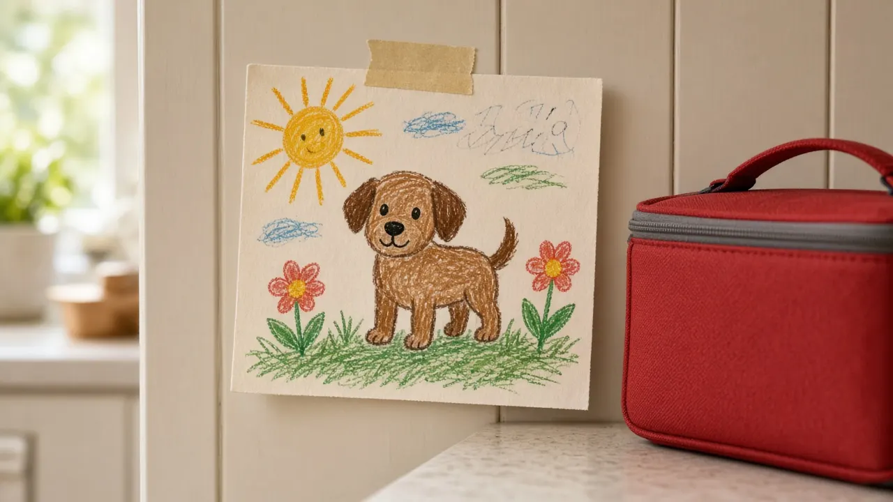 A child's crayon drawing of a brown dog with a sun and flowers, taped to a kitchen cupboard beside a red lunchbox