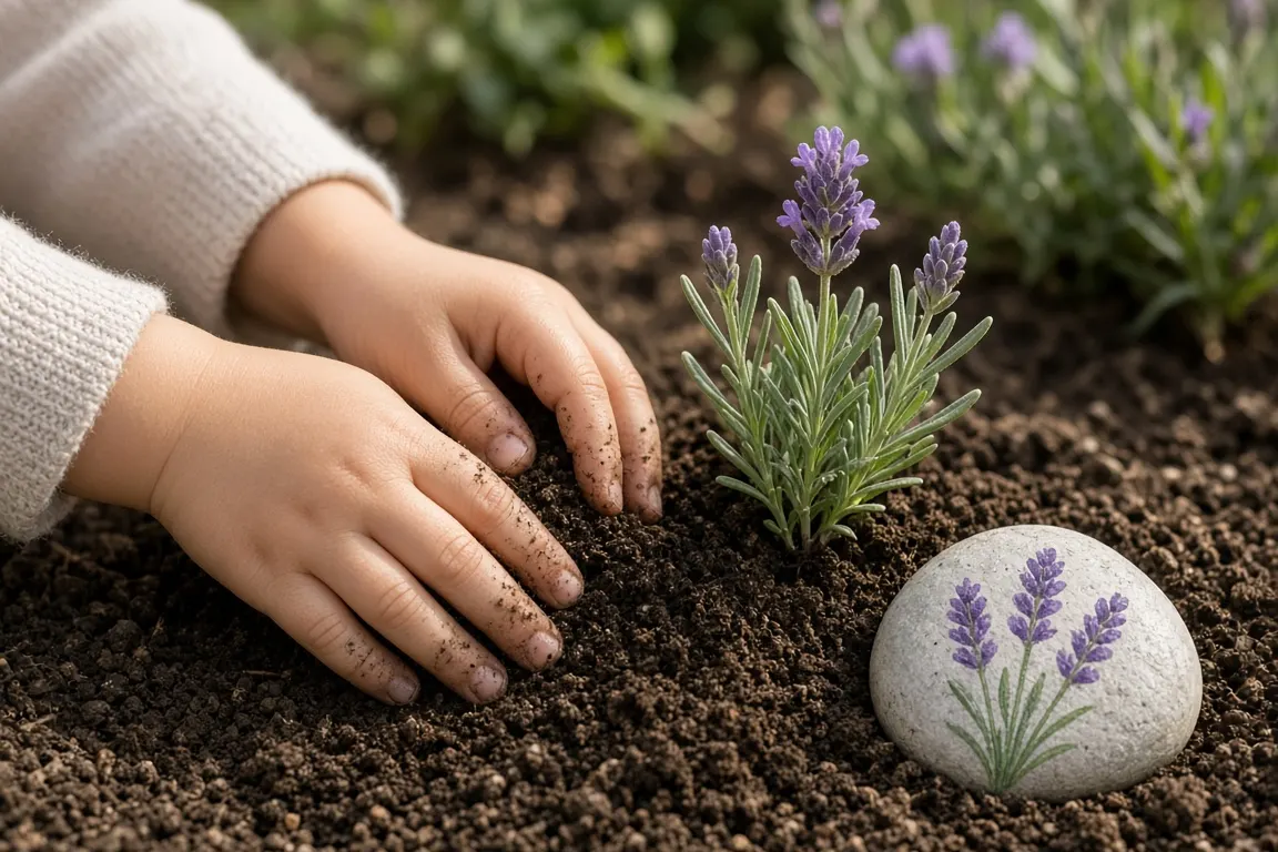 A young child's hands pressing soil around a small lavender plant in a garden bed next to a painted stone, spring afternoon