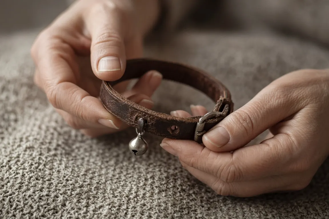 A person's hands gently holding a worn leather cat collar with a small silver bell, resting on a knitted blanket