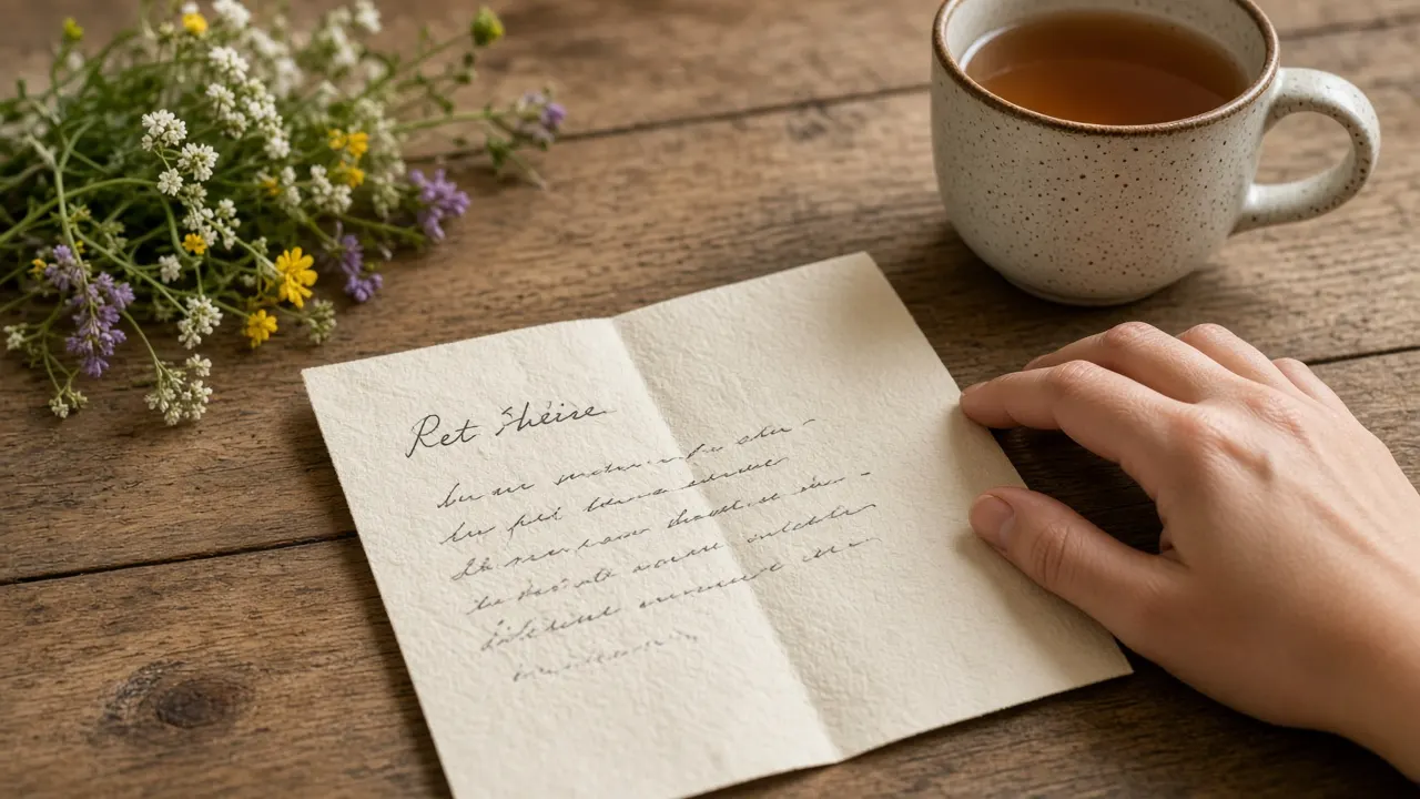 A handwritten letter beginning with a pet's name, folded on a wooden table beside a mug of tea and a small bunch of wildflowers