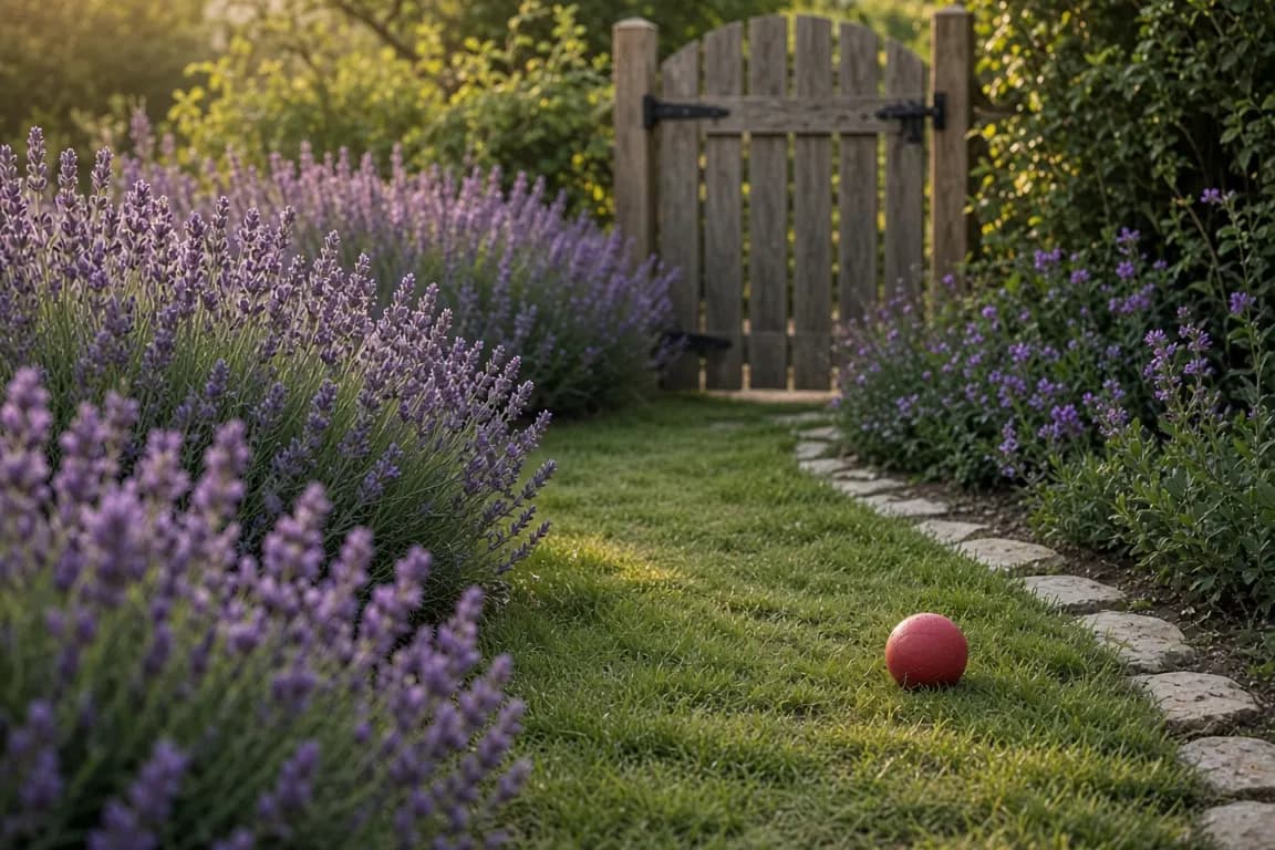 A curving garden path lined with lavender leading to a wooden gate, with a dog's red ball resting on the grass beside it, early evening light