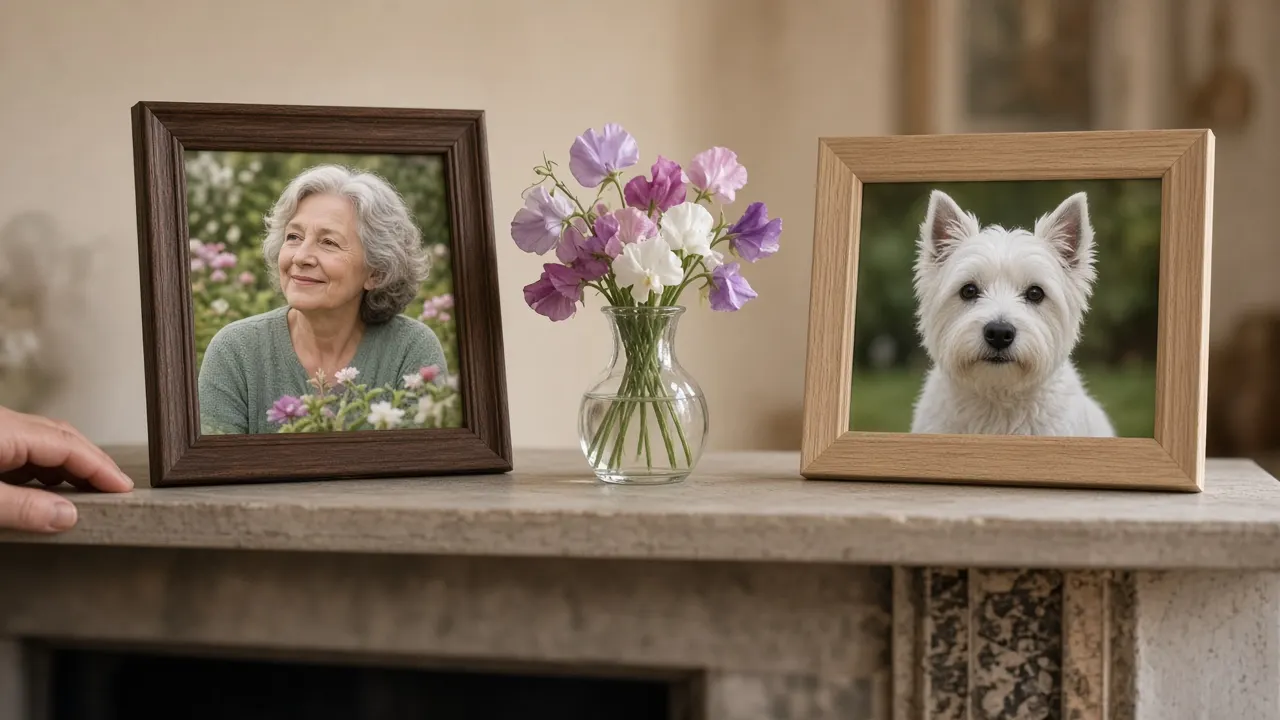 Two framed photos on a mantelpiece, one of an older woman in a garden and one of a white terrier, with a small vase of sweet peas between them