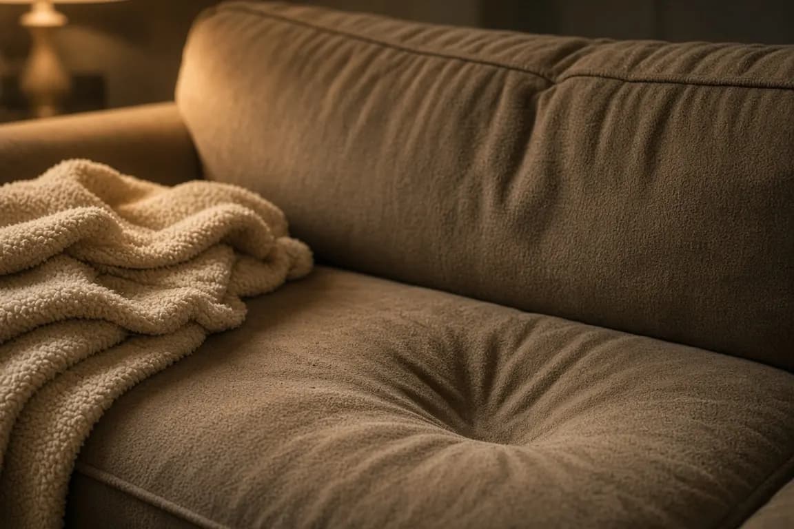 A worn corner of a sofa with a dog-shaped dip in the cushion and a folded fleece blanket, lamp light in the evening