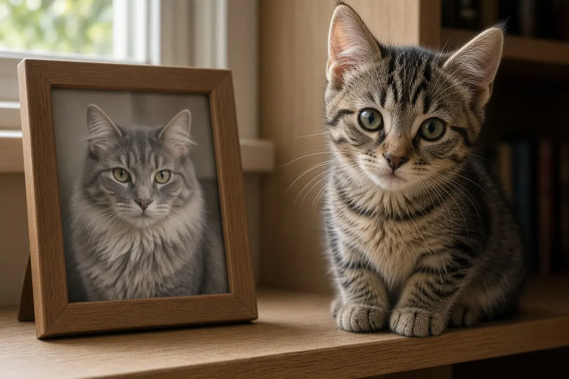 A tabby kitten sitting on a bookshelf next to a framed photo of an older grey cat, afternoon light through a window