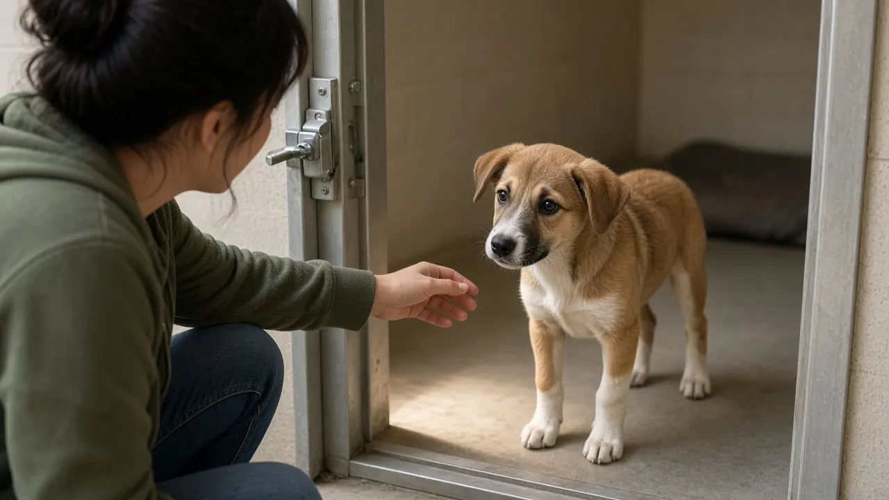 A person crouching to greet a curious young mixed-breed dog through the open door of a bright animal shelter kennel