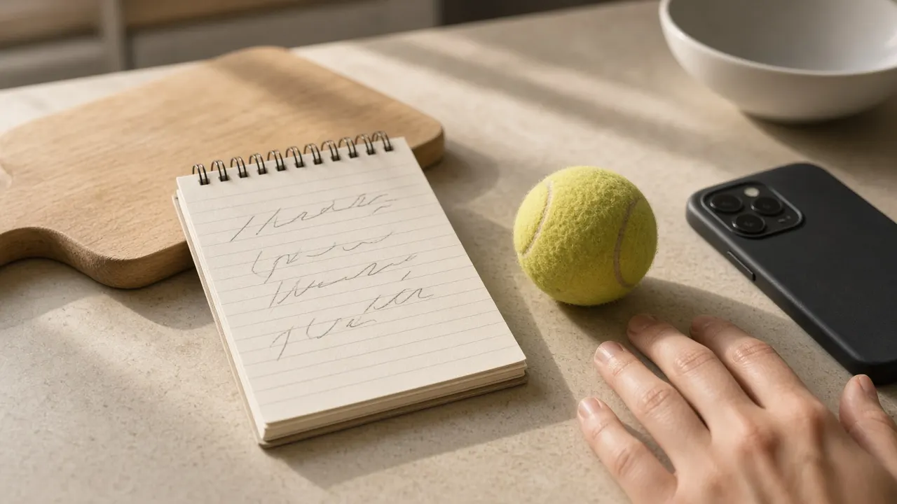 A handwritten list on a lined notepad next to a phone and a tennis ball on a kitchen counter, morning light