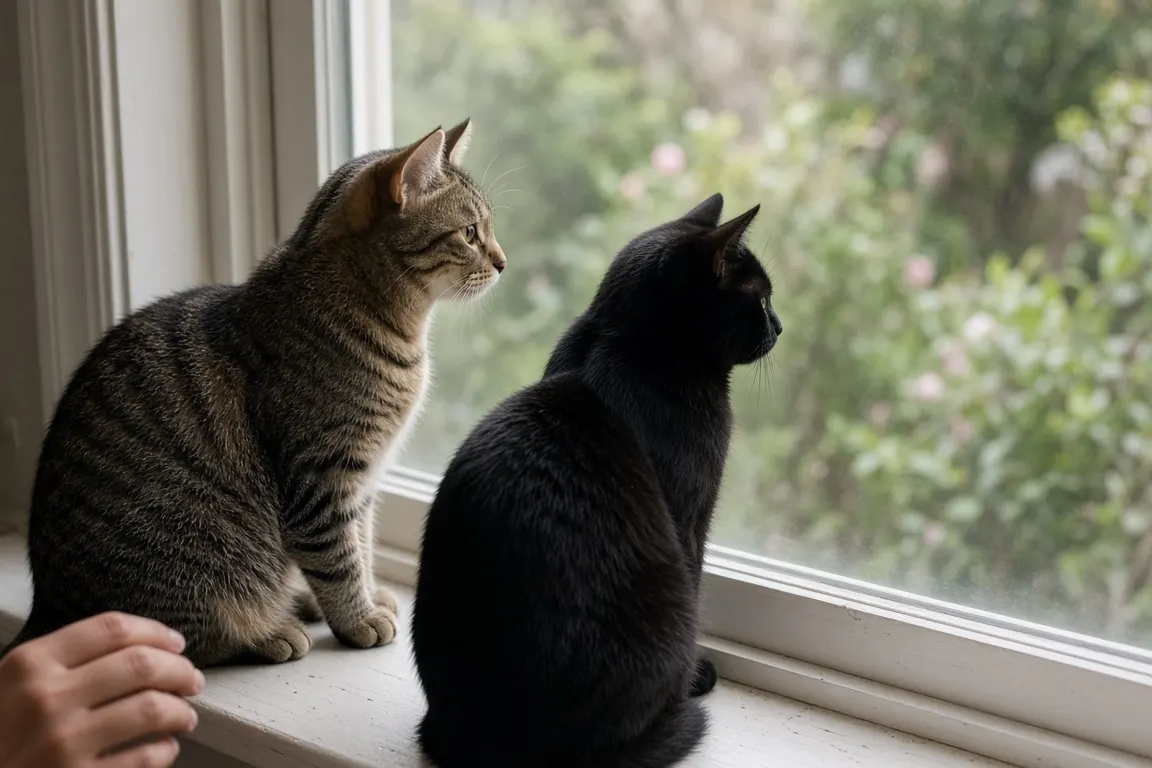 Two cats, a tabby and a black cat, sitting side by side on a windowsill looking out at a quiet garden, soft morning light