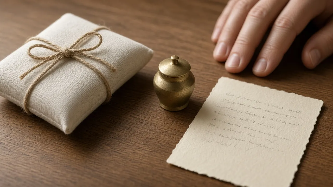 A small padded parcel tied with twine beside a tiny brass keepsake urn and a handwritten note on a wooden desk