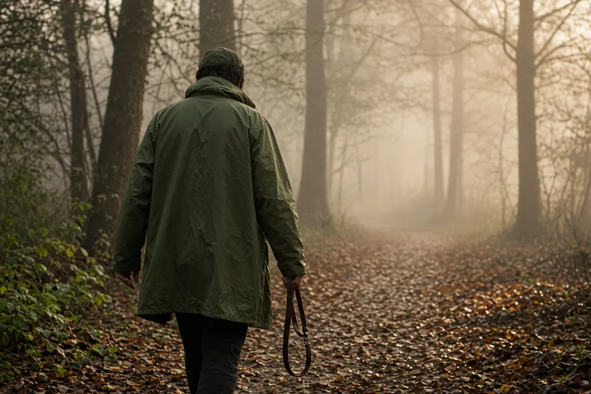 A person in a raincoat walking alone along a wooded path in early morning mist, holding an empty dog leash loosely at their side