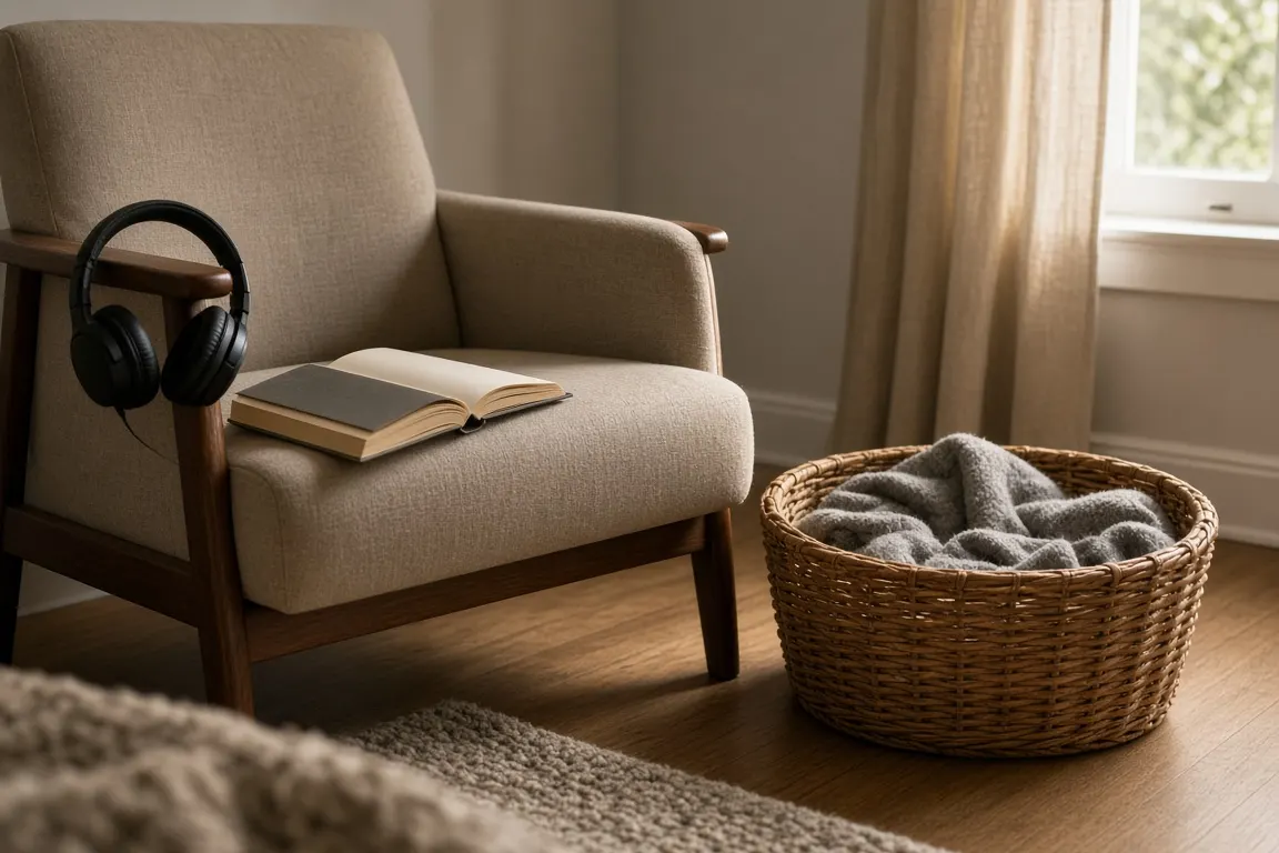A reading chair with a paperback, headphones on the armrest and an empty wicker cat basket with a grey blanket nearby in afternoon light