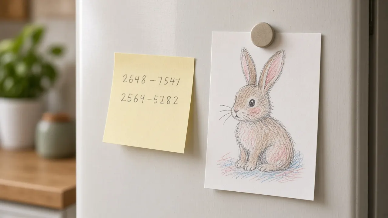 A handwritten sticky note with two phone numbers stuck to a fridge door beside a child's drawing of a rabbit