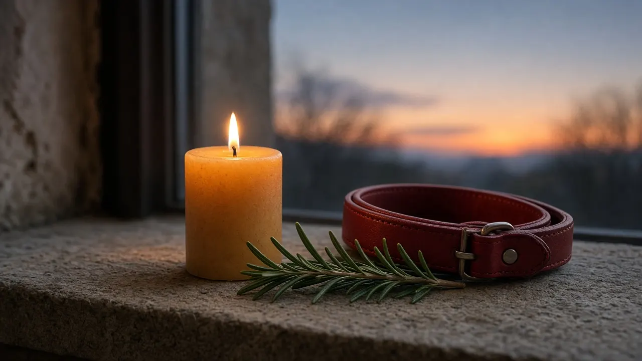 A lit beeswax candle beside a coiled red dog collar and a sprig of rosemary on a stone windowsill at dusk