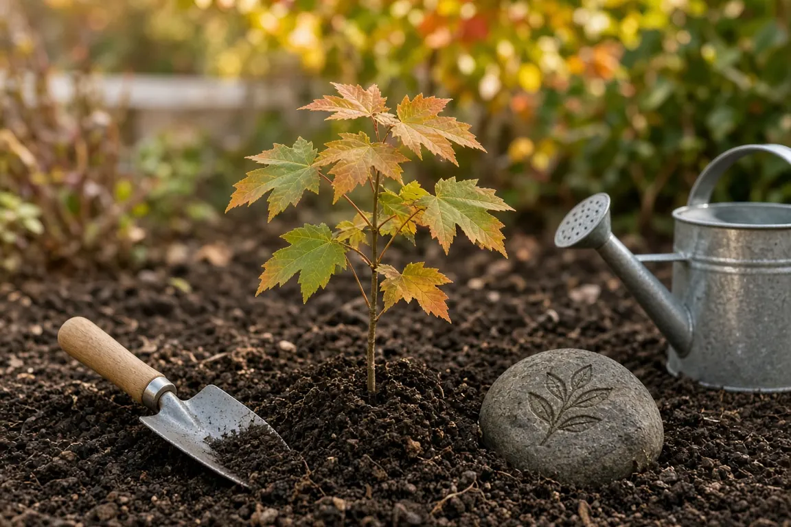 A young maple sapling freshly planted in a back garden, with a trowel, watering can and a small engraved stone at its base, soft autumn light