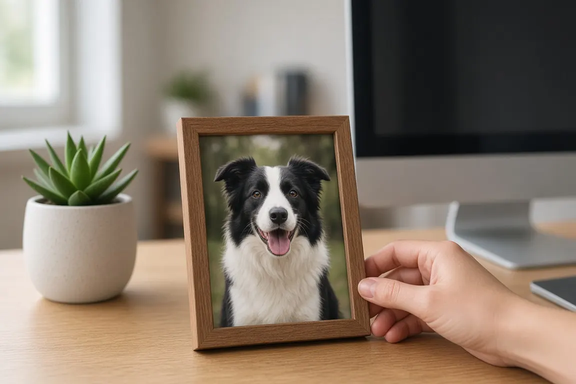 A small framed photo of a smiling border collie propped against a monitor on a tidy office desk with a potted succulent