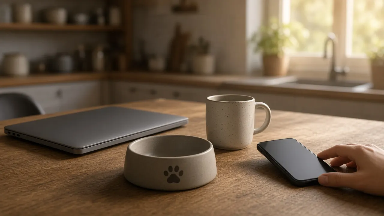 A closed laptop on a home kitchen table beside a dog's empty food bowl, a mug and a phone showing a blank message, early morning light