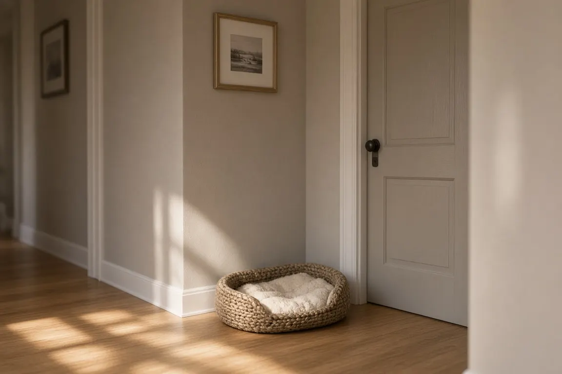 An empty hallway with a small woven dog bed by the front door, soft morning light falling across the floor