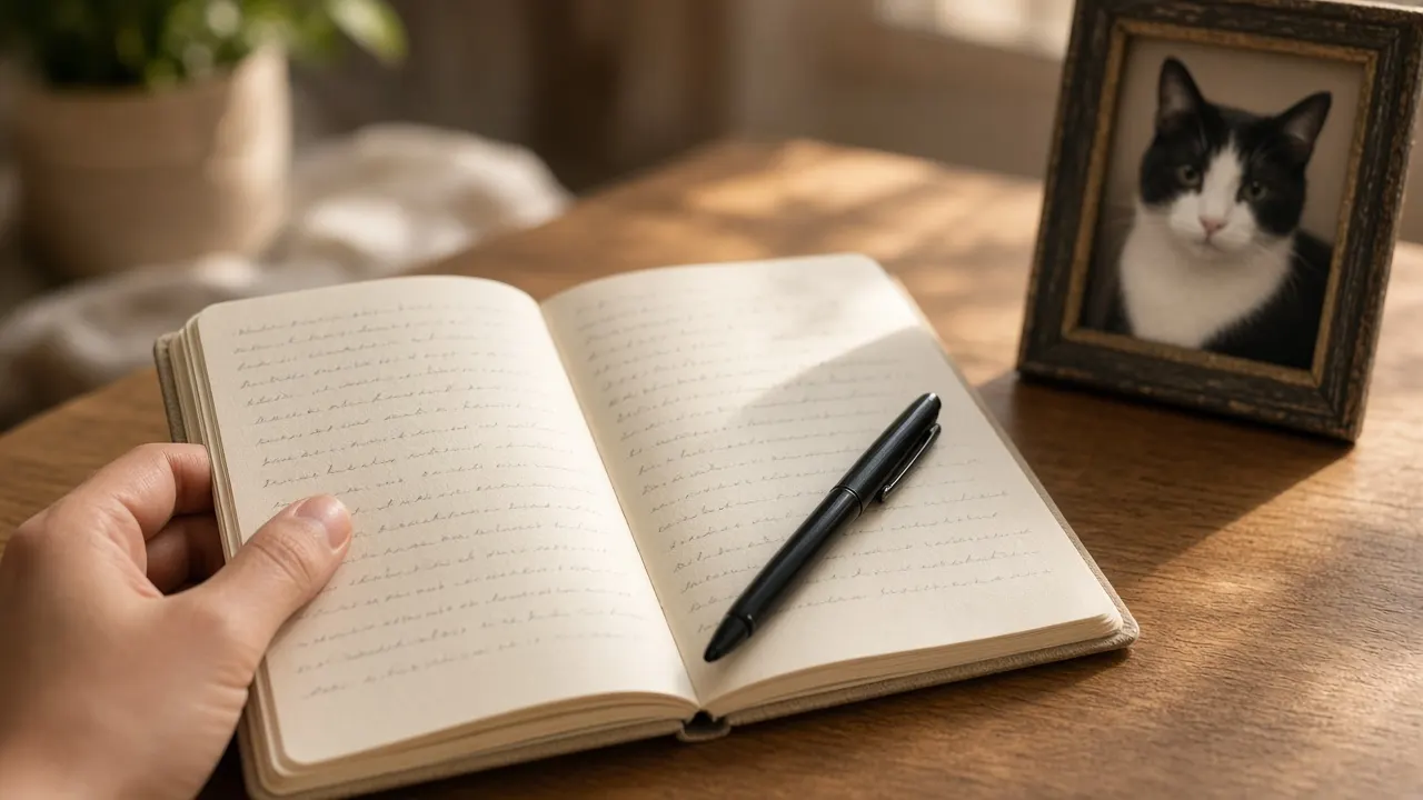 An open notebook with handwritten lines, a pen and a small framed photo of a black and white cat on a sunny desk