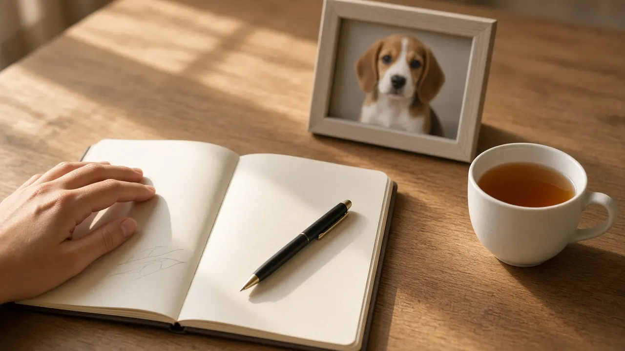 A sunlit wooden desk with an open notebook, a pen, a cup of tea and a small framed photo of a young beagle