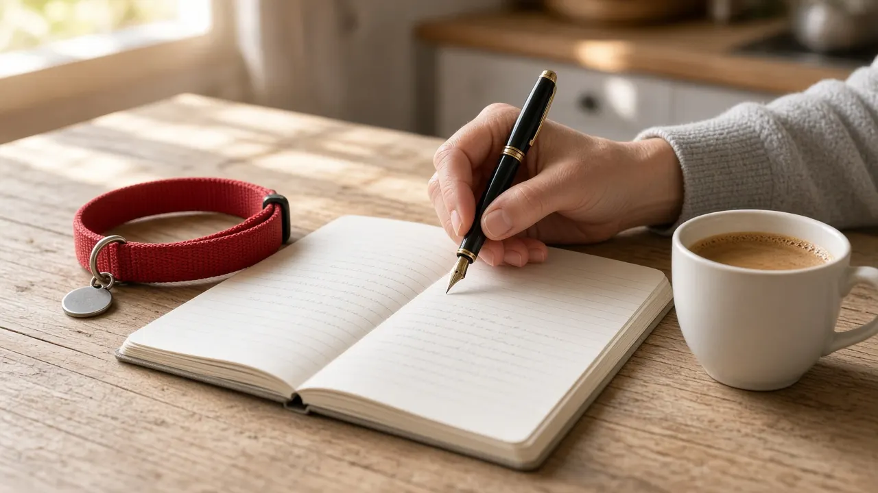 A person's hands writing in a notebook at a kitchen table beside a dog's red collar and a cup of coffee