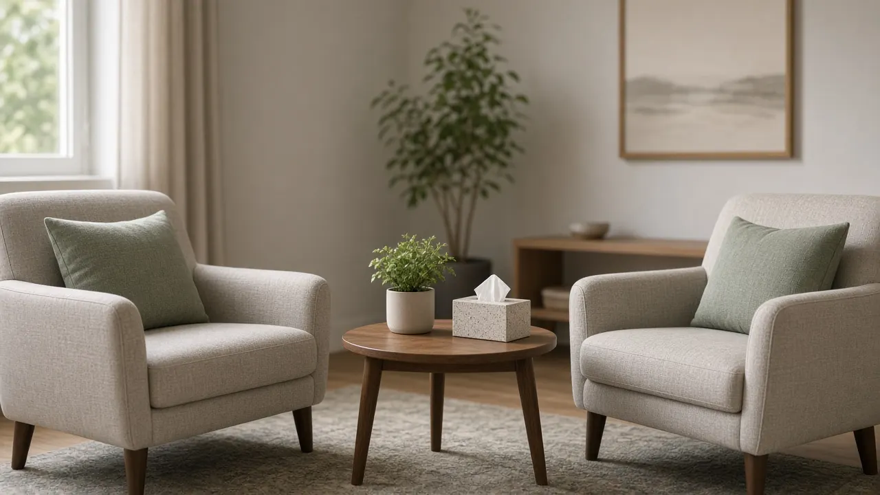Two armchairs facing each other in a bright counseling room with a small plant and a box of tissues on a side table