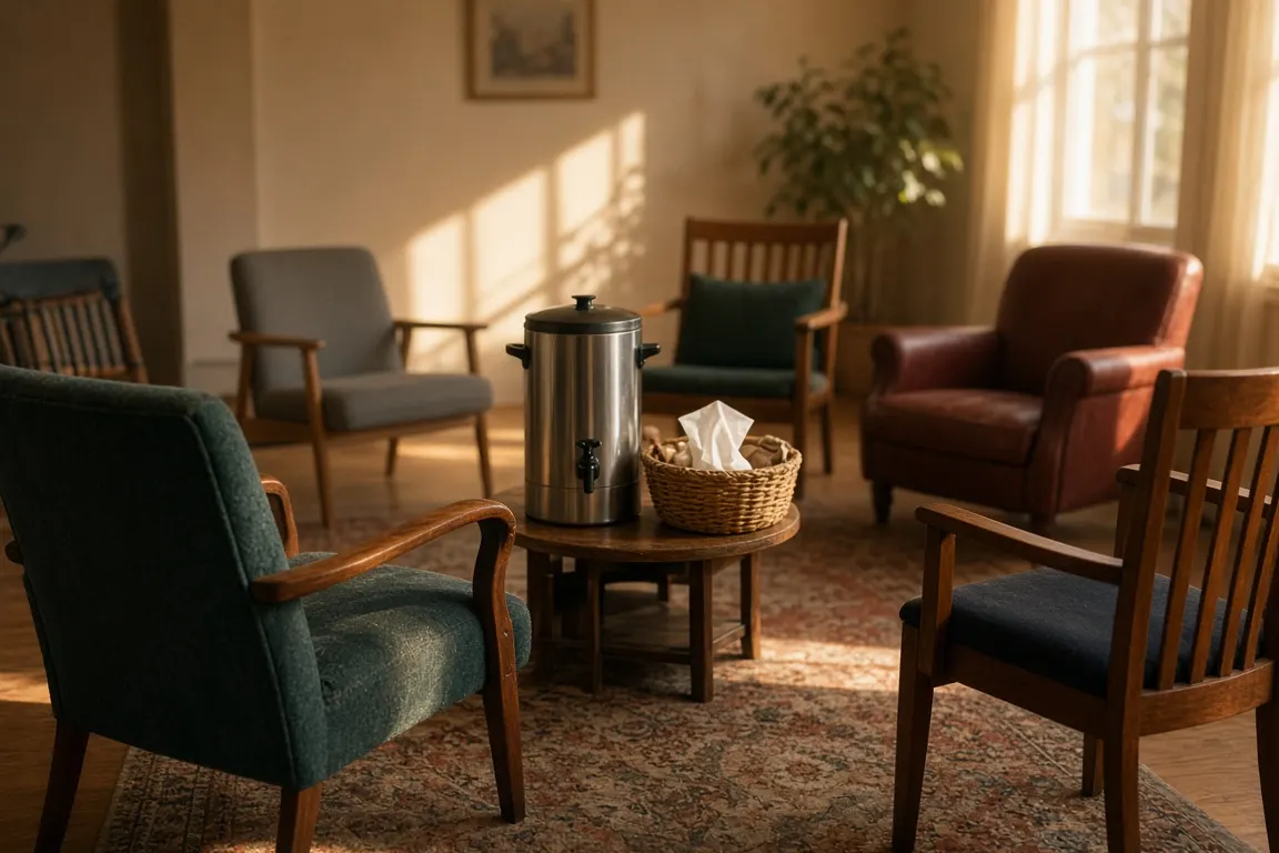 A small circle of mismatched chairs in a warm community room with a coffee urn and a basket of tissues, late afternoon light