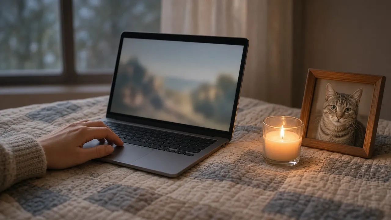 An open laptop on a quilt beside a lit candle and a framed photo of a tabby cat, evening light through a window