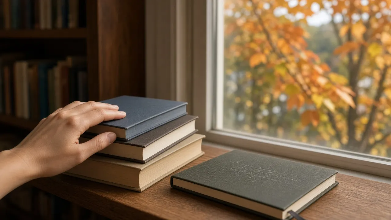 A small stack of books and a notebook on a library windowsill with autumn trees outside