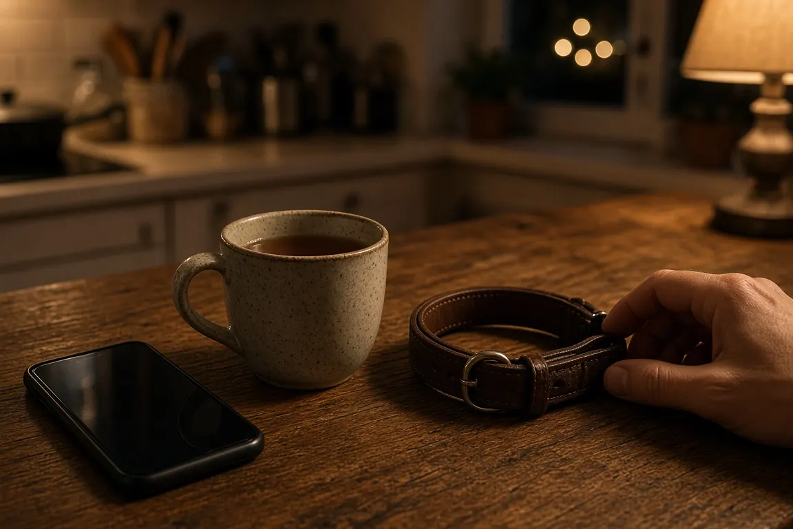 A mobile phone resting beside a mug of tea and a folded dog collar on a wooden kitchen table in evening lamplight