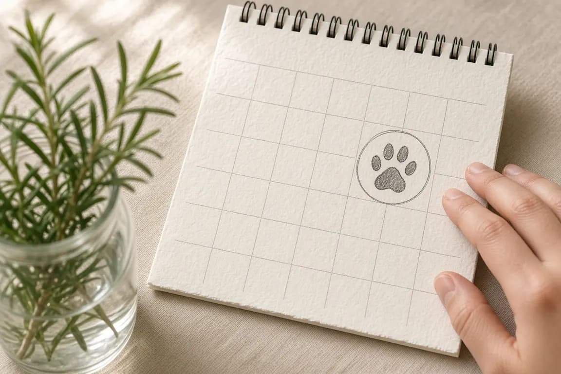 A paper wall calendar with a small hand-drawn paw print circled on one date, beside a sprig of rosemary in a glass