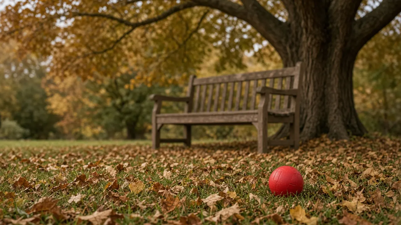 An empty wooden garden bench under a tree with fallen autumn leaves and a single red dog ball resting in the grass