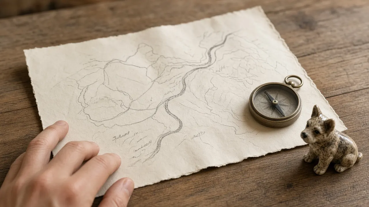 A hand-drawn paper map with a few gentle pencil routes, a compass and a small ceramic dog figurine on a wooden table