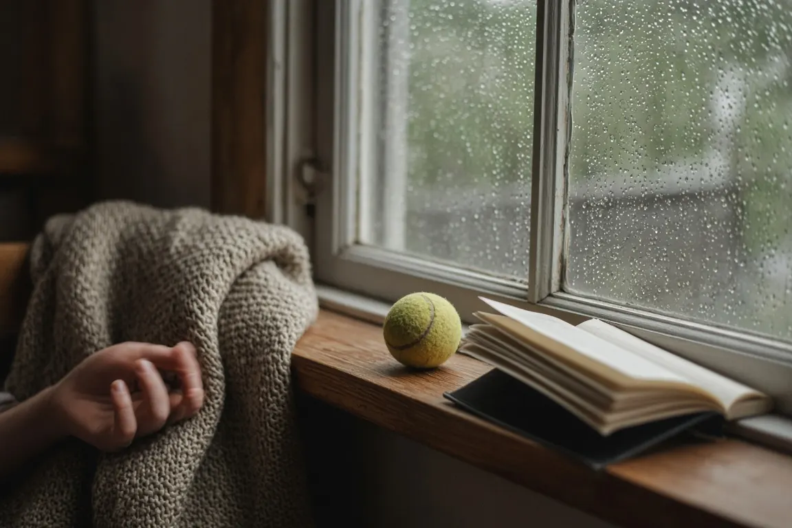 A cozy reading nook with a wool throw, an open book face-down and a dog's worn tennis ball on the windowsill, rainy afternoon light