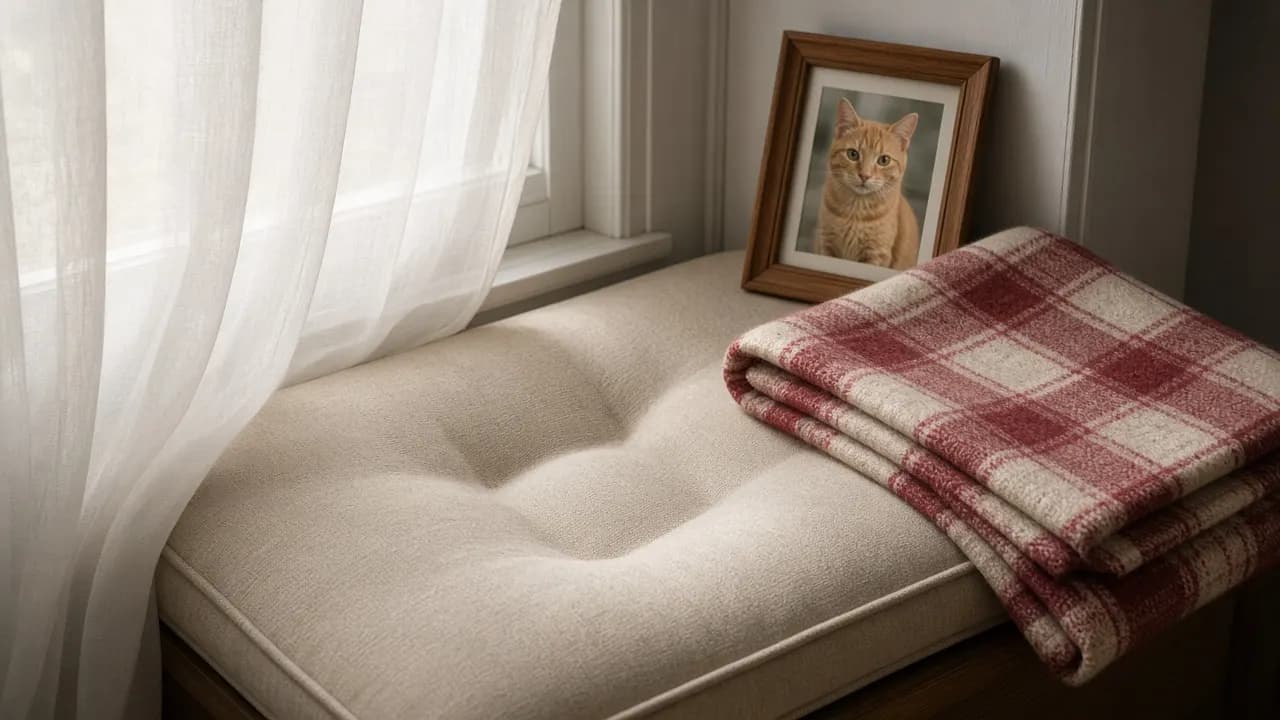 An empty cushioned window seat with a folded plaid blanket and a small framed photo of a cat in soft morning light