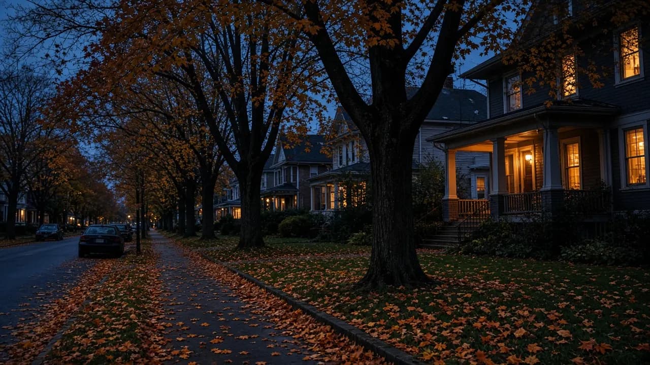 A quiet suburban street at dusk with warm lit windows, a porch light on and autumn leaves on the pavement