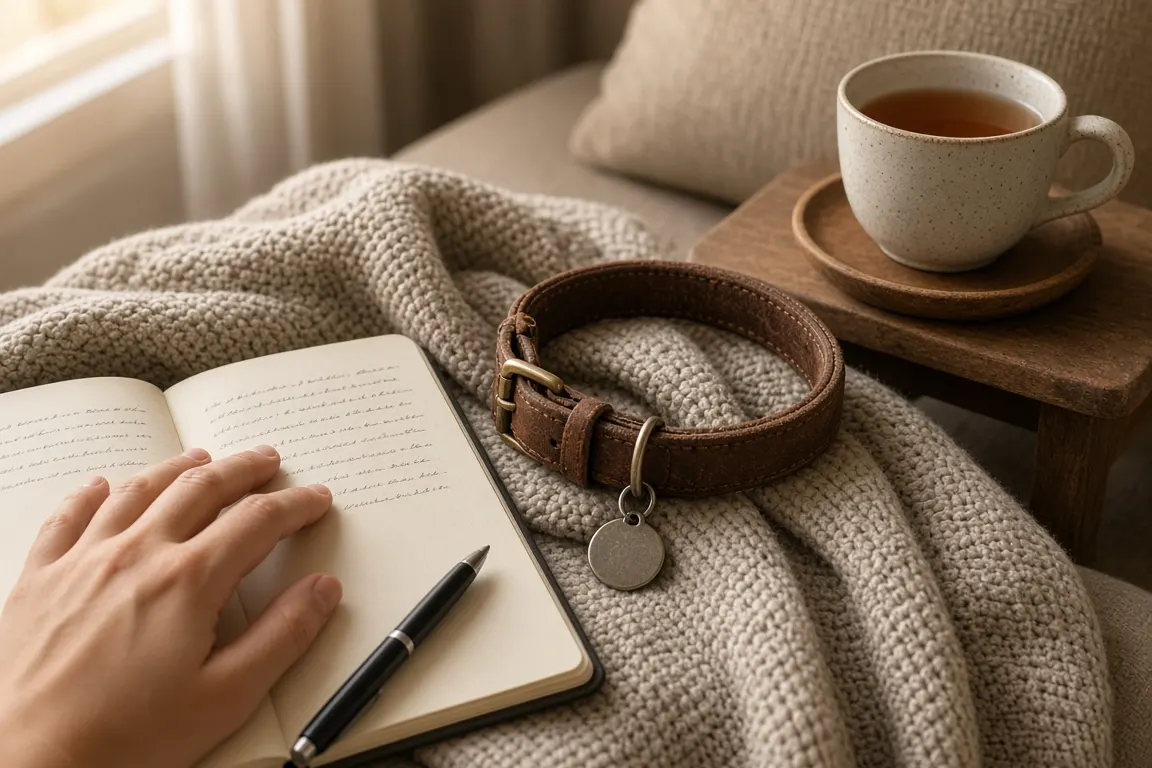 A notebook and pen on a blanket beside a dog's collar and a cup of tea on a sofa