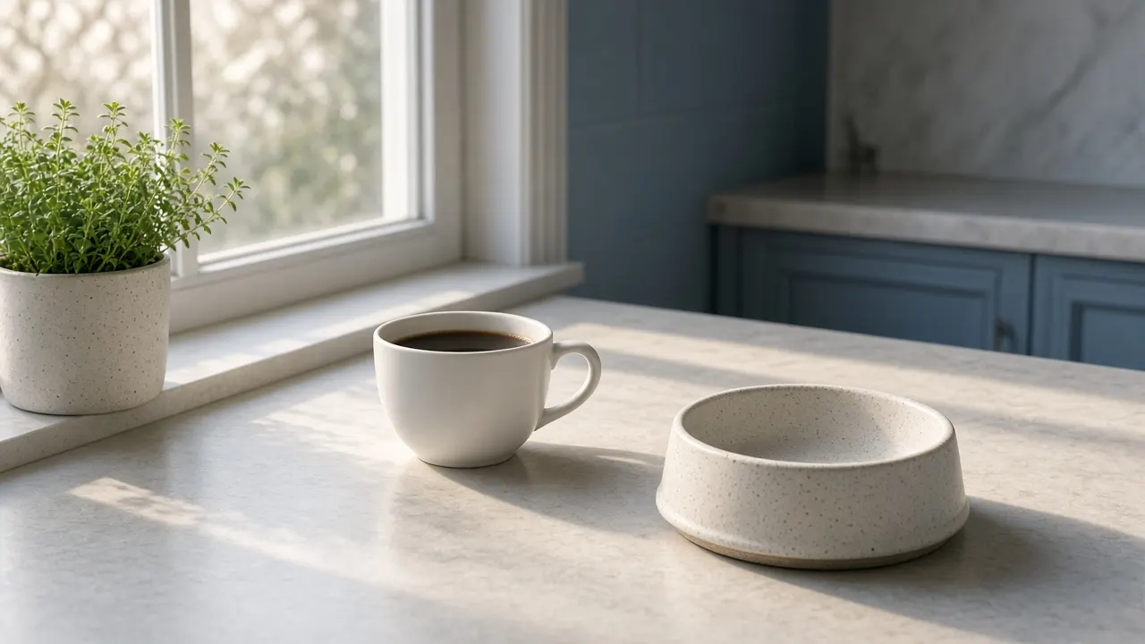 A kitchen counter in early morning light with a single coffee cup and an empty ceramic pet bowl beside a window