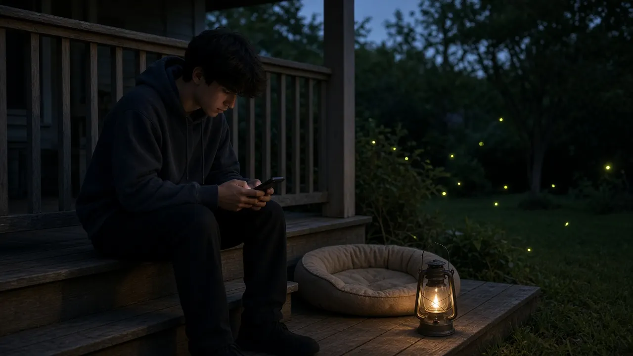 A person sitting on a porch step at dusk looking at their phone, with an empty dog bed and a lantern beside them