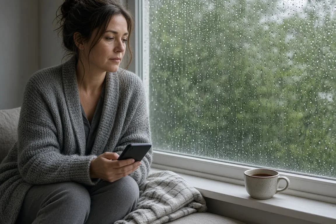 A woman sitting on a window seat with a phone in her hand and a cup of tea, looking out at a rainy garden