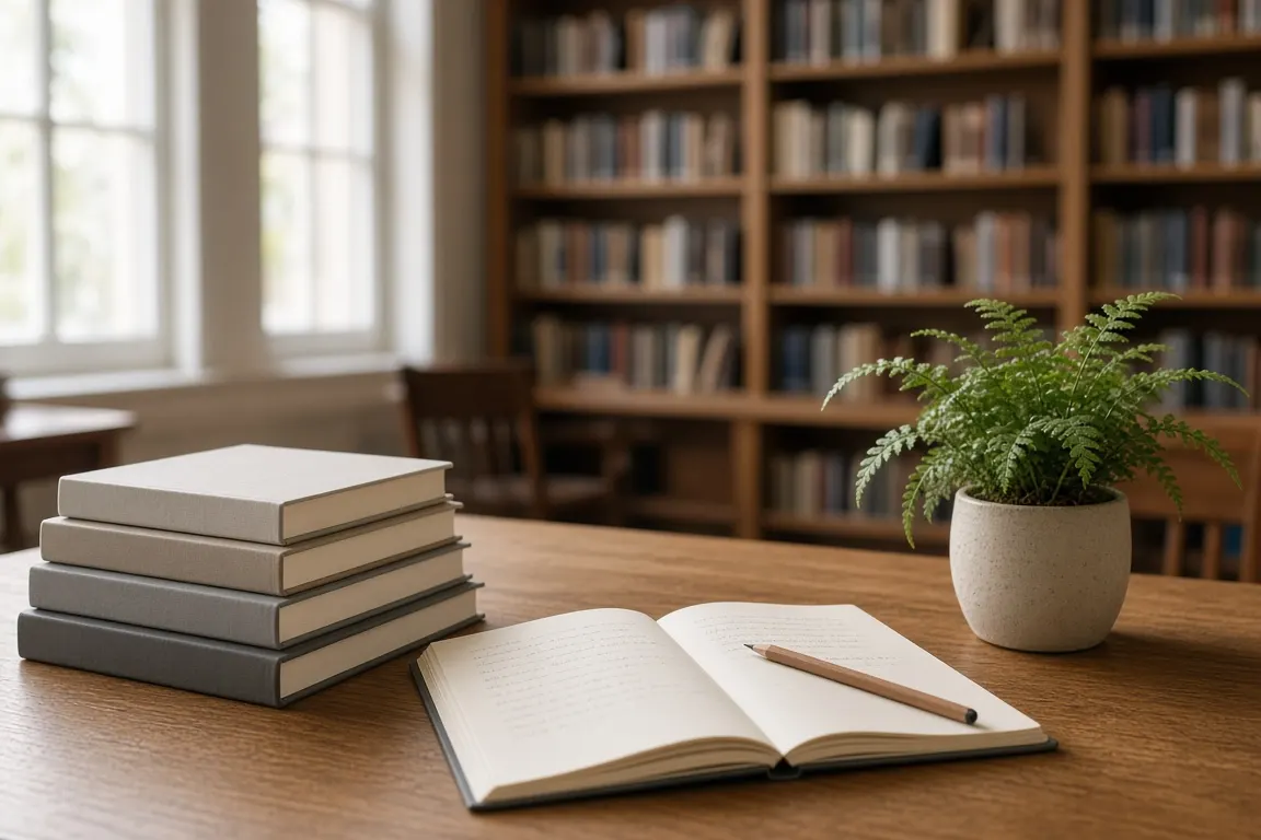 A quiet library reading table with a stack of journals, an open notebook and a small potted fern