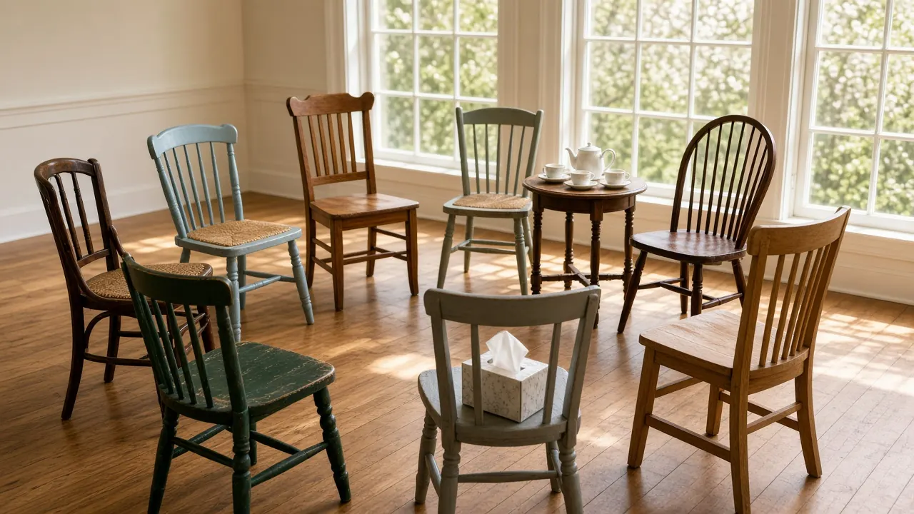 A small circle of mismatched wooden chairs in a bright community room with tea cups on a side table