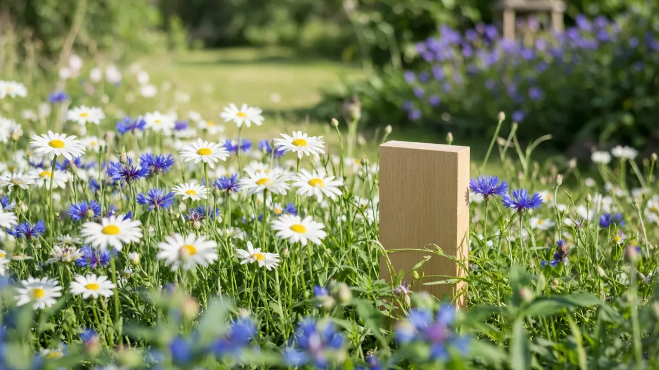 A small wooden memorial marker among wildflowers in a sunlit meadow at the edge of a family garden