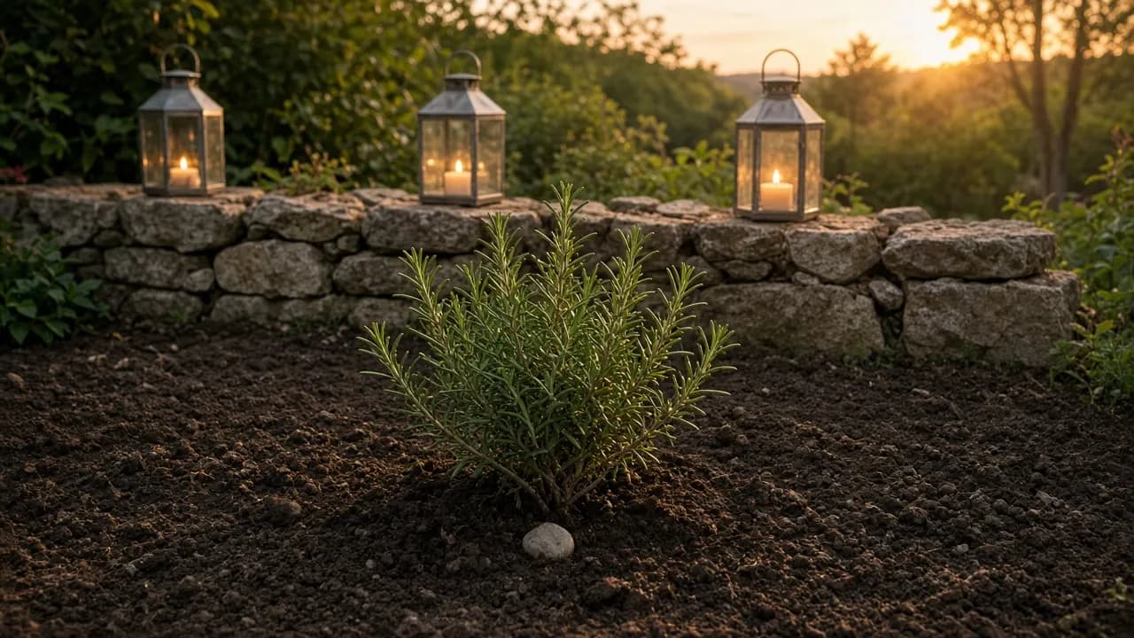 A small garden gathering at golden hour with lit lanterns on a stone wall and a freshly planted rosemary bush