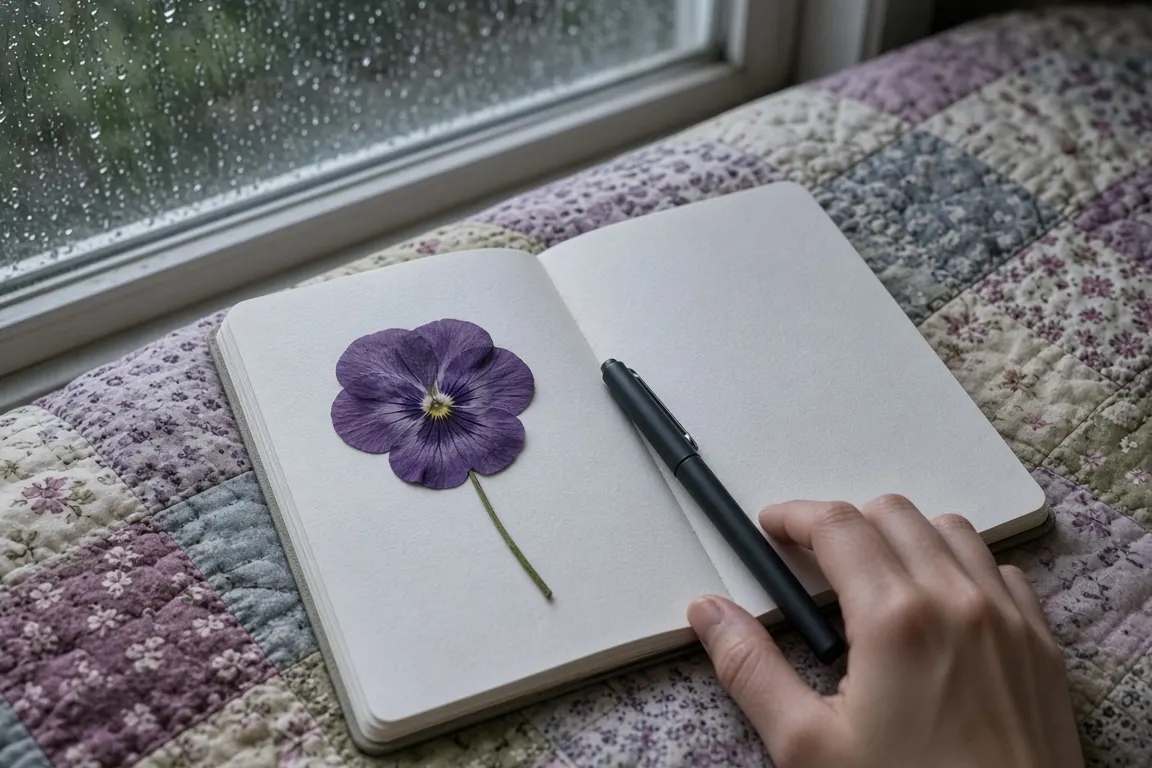 An open journal with a pressed flower and a pen on a quilt beside a window with soft rain outside