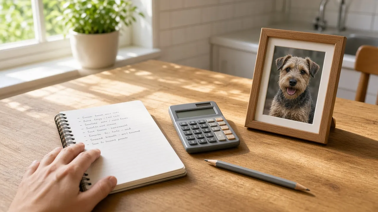 A notepad with a handwritten list, a calculator and a small framed photo of a terrier on a sunny kitchen table