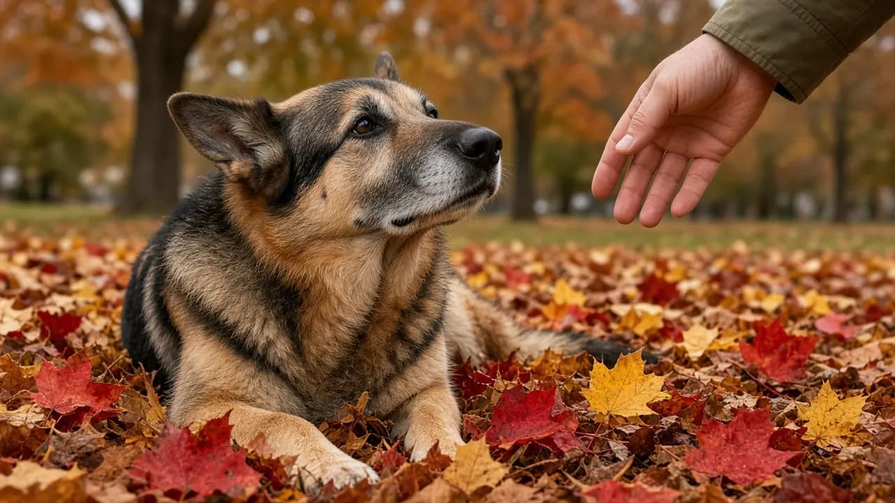 A gray-muzzled German Shepherd lying in autumn leaves in a park, looking up contentedly at its owner