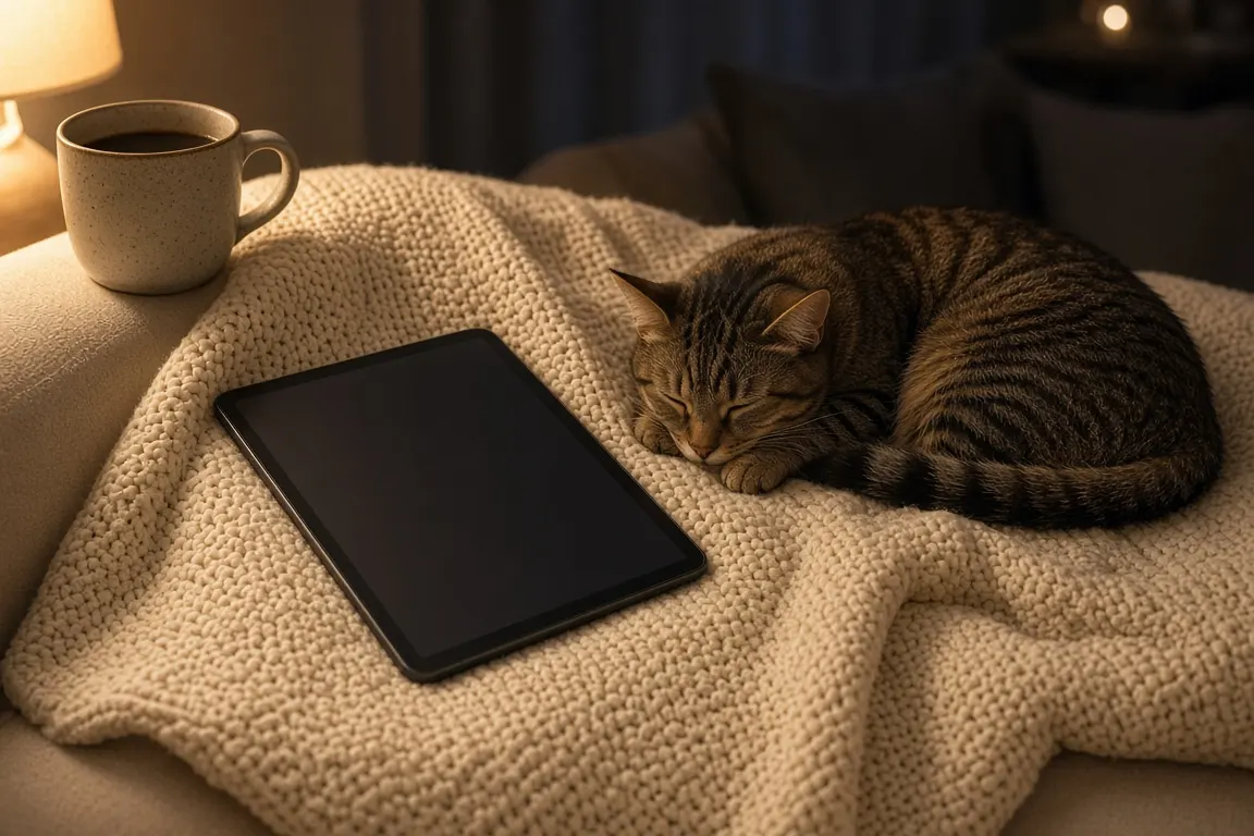 A tablet resting on a knitted blanket on a sofa beside a sleeping tabby cat and a mug, in lamplight